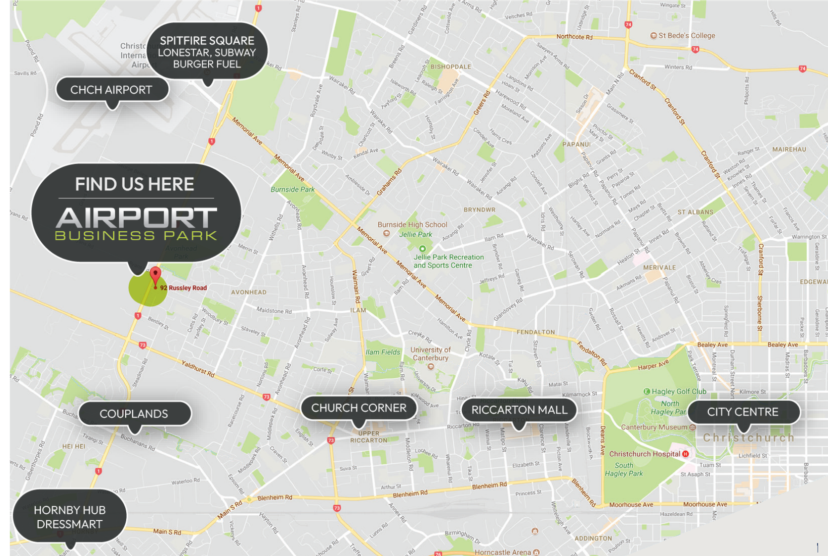 Map showing Airport Business Park at 92 Russley Road, Christchurch